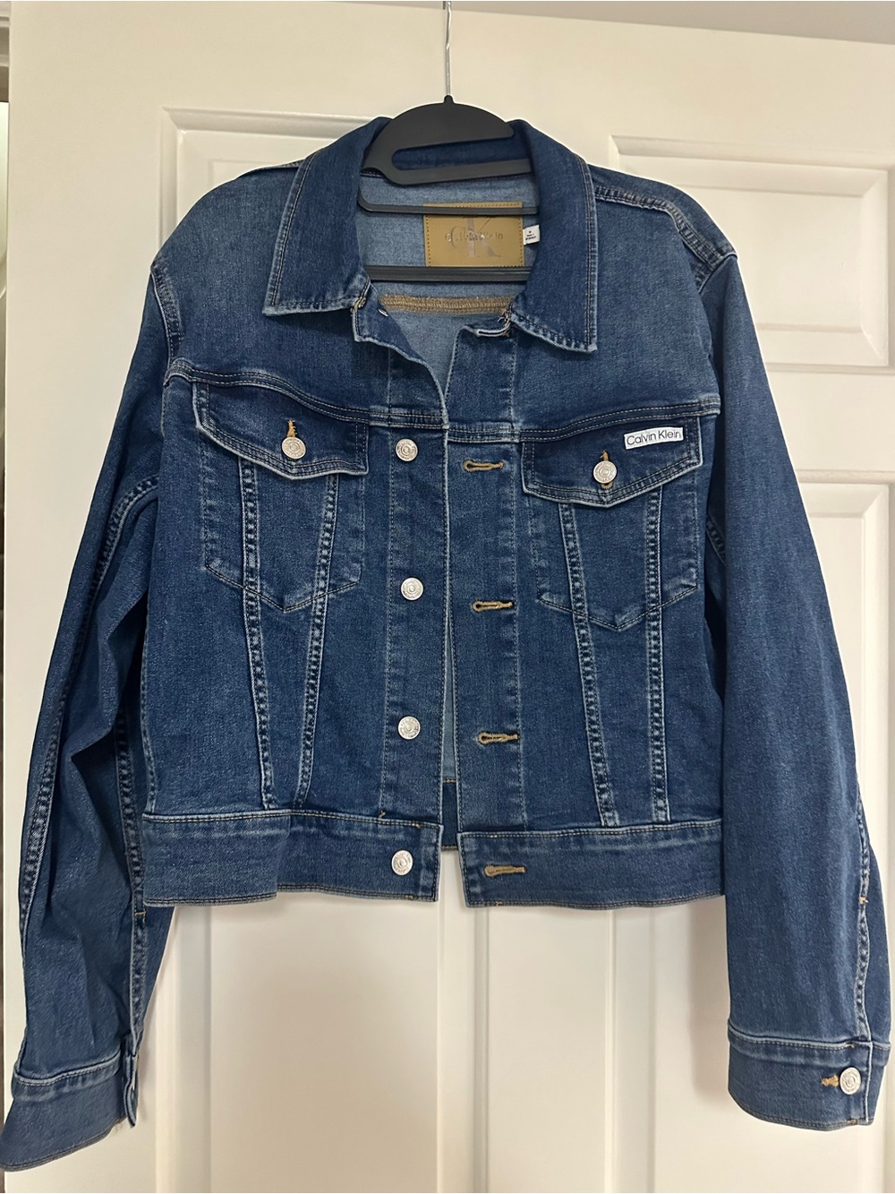 Calvin Klein Blue Denim Jacket with Tan Leather Label